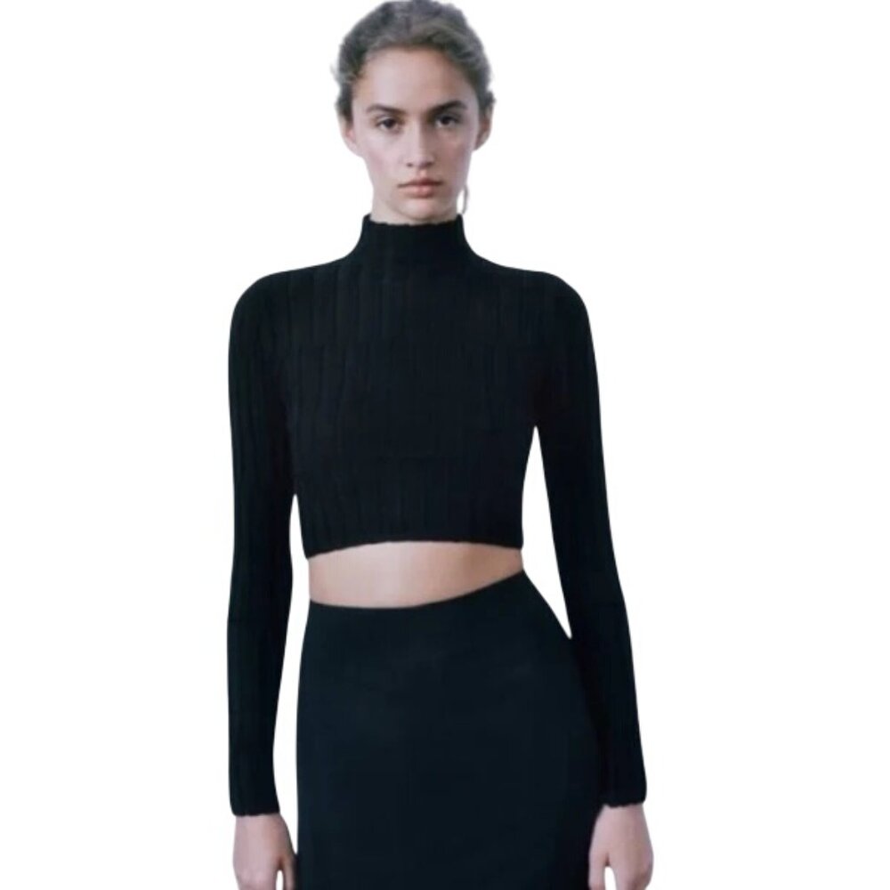 Zara Black Ribbed Knit Turtleneck Cropped Sweater Womens Size XS NWT